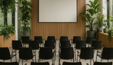 Et moderne og lyst mødelokale indrettet med sorte stolerækker, en stor præsentationsskærm og grønne planter. Rummet har træpaneler, store vinduer og en indbydende atmosfære med naturligt lys.