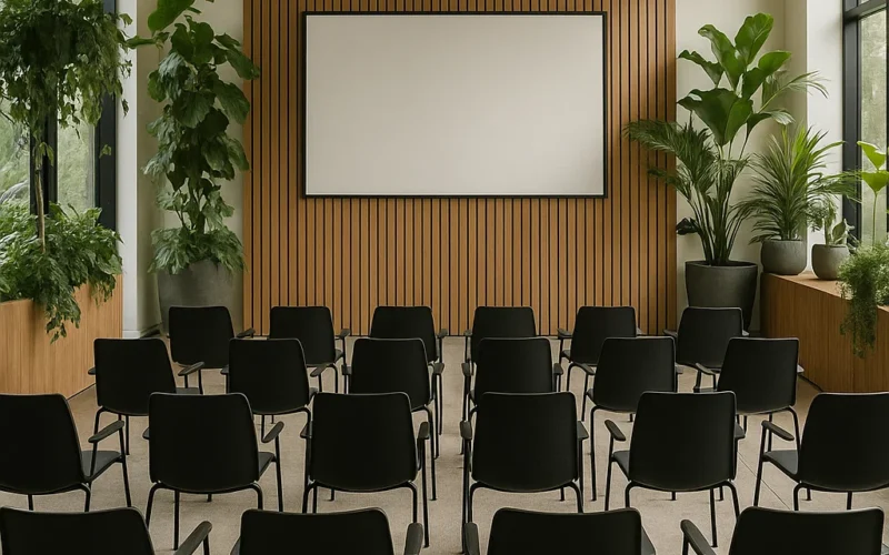 Et moderne og lyst mødelokale indrettet med sorte stolerækker, en stor præsentationsskærm og grønne planter. Rummet har træpaneler, store vinduer og en indbydende atmosfære med naturligt lys.