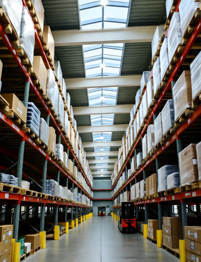 Moderne lagerhal med høje reoler fyldt med paller, naturligt lys fra ovenlysvinduer og en gaffeltruck i midtergangen