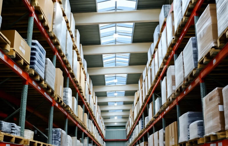 Moderne lagerhal med høje reoler fyldt med paller, naturligt lys fra ovenlysvinduer og en gaffeltruck i midtergangen